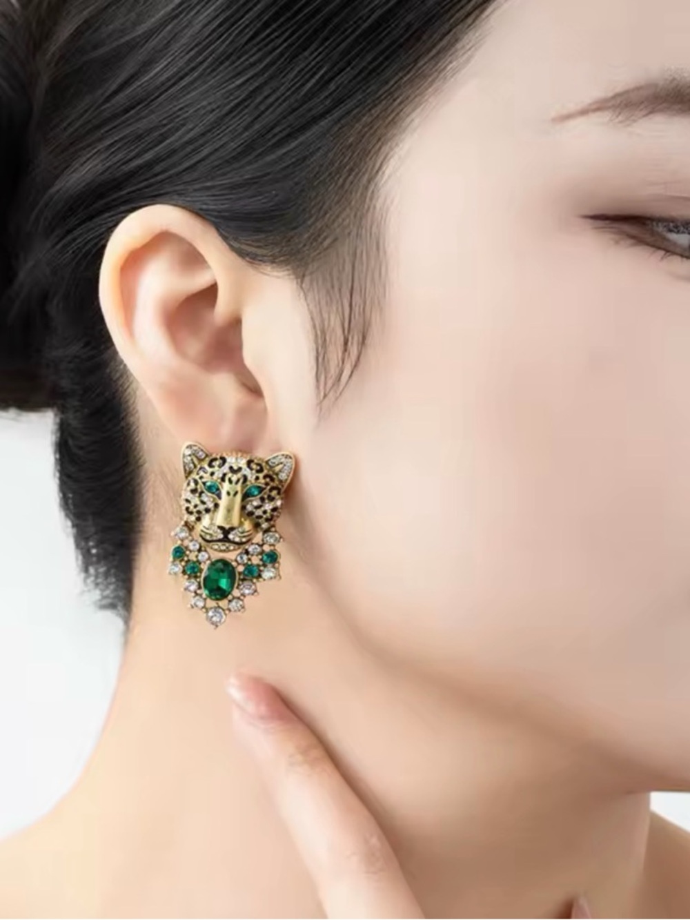 Gold Leopard Head Emerald Crystal Earrings